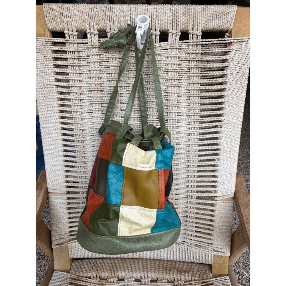 Vintage Patchwork Leather Bucket Bag Drawstring Boho Tote Small - Picture 2 of 6